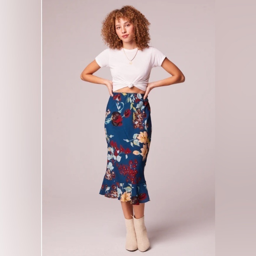 NWT BOG Collective Boho Tropical Pisa Teal Floral Ruffle Slip Skirt Gypsy XS - Picture 2 of 10